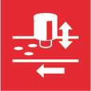 das Icon für das Hubstanzen ist eine Hubstanzmaschine, bei der die Laufrichtung des Bandes sowie die Pressrichtung mit einem Pfil abgebildet ist. Weiss auf rot