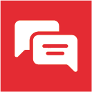 Die Abbildung zeigt das Icon für klebe und schleifberatung. das icon ist ein weisses chatsymbol auf rotem hintergrund