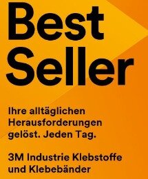 Bestseller-Brochure. 3M Industrie Klebstoffe und Klebebänder. Oranges bild mit schwarzer 3m-aufschrift. Ihre täglichen herausforderungen gelöst.
